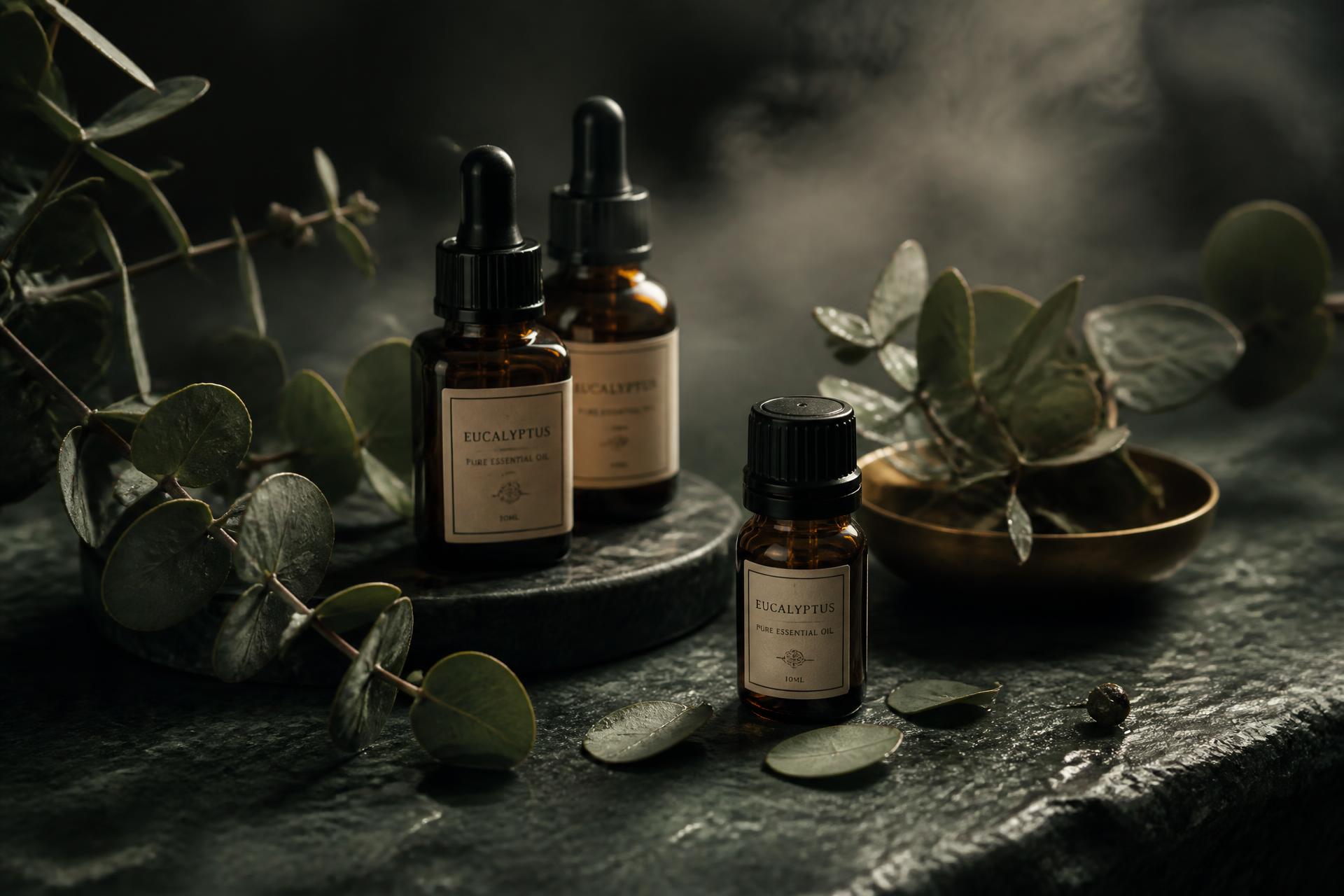 Eucalyptus branches and amber aromatherapy oil bottles on dark stone